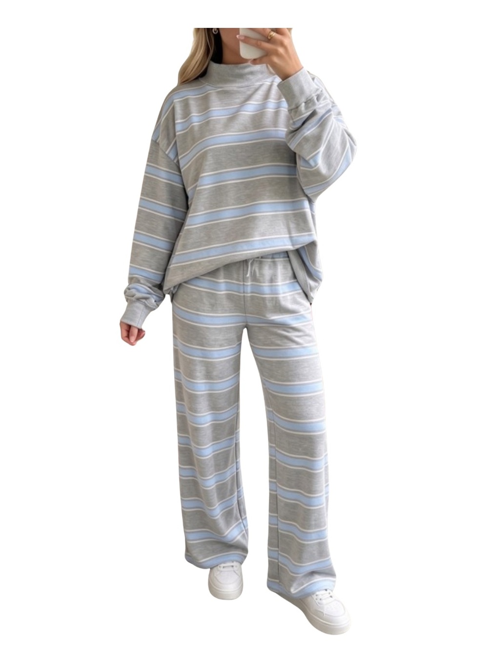 NEW! Blue gray striped mock neck wide leg matching set